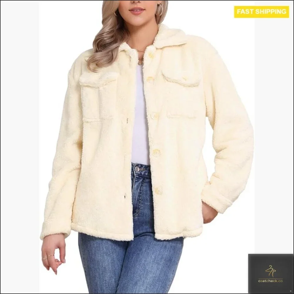 Faux Fur Teddy Jacket Fleece Shearling Button Down Long Sleeve Winter Coat